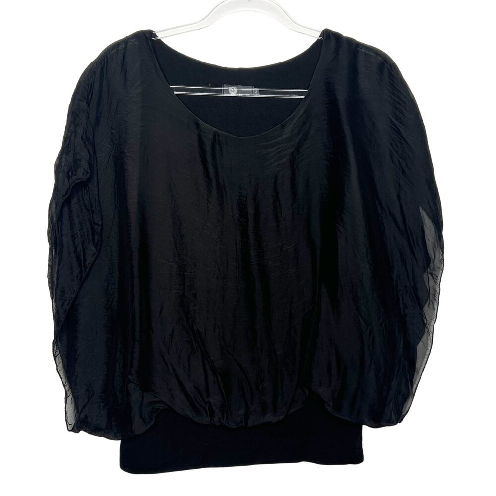 M Made in Italy Ruffle Sleeve Scoop Neckline Blouse Silk Blend Black Size Small - Picture 3 of 13